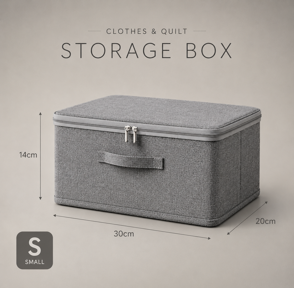 Grey foldable storage box with fabric lid and clasp, small size 30×20×14 cm