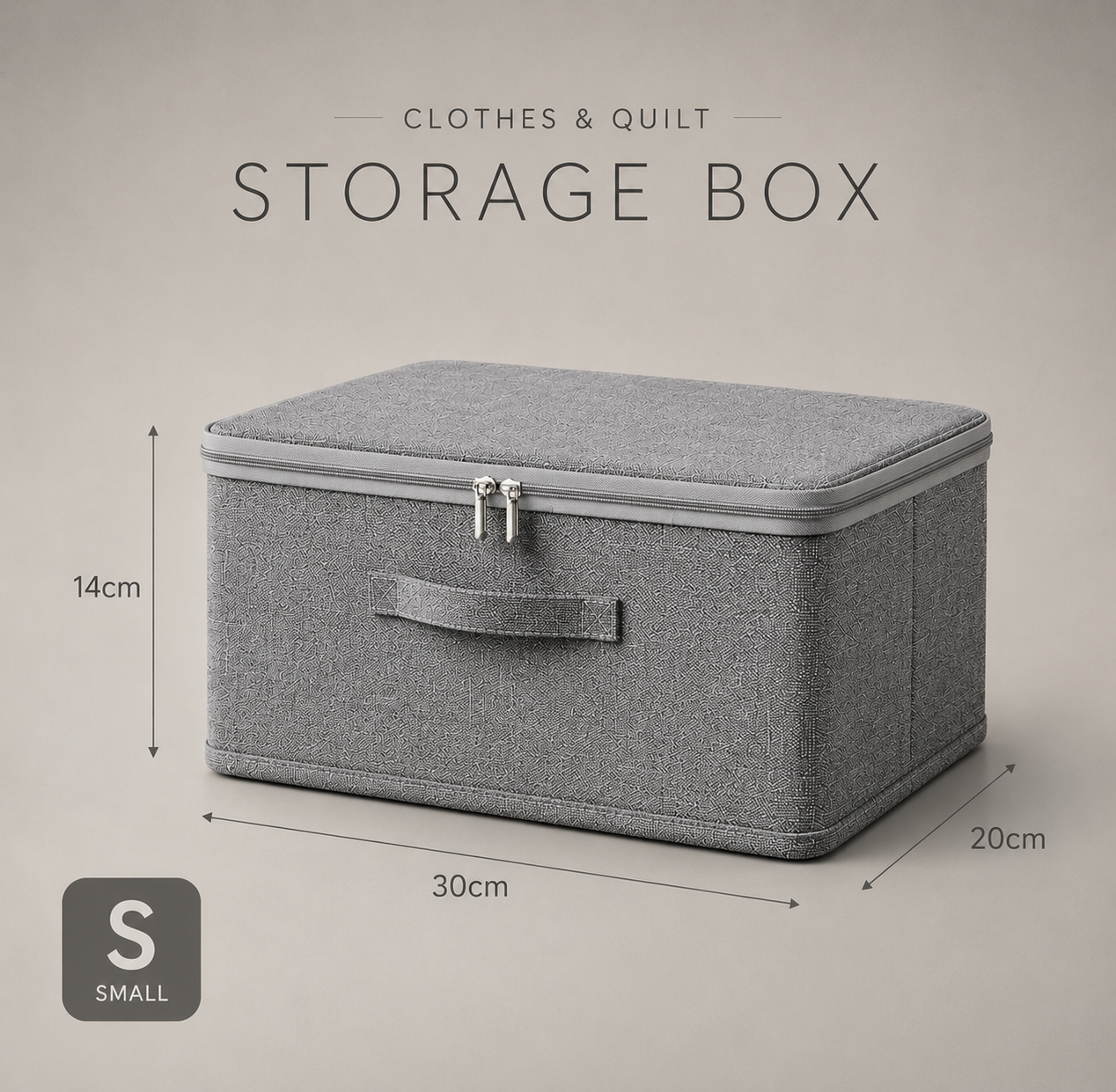 Grey foldable storage box with fabric lid and clasp, small size 30×20×14 cm