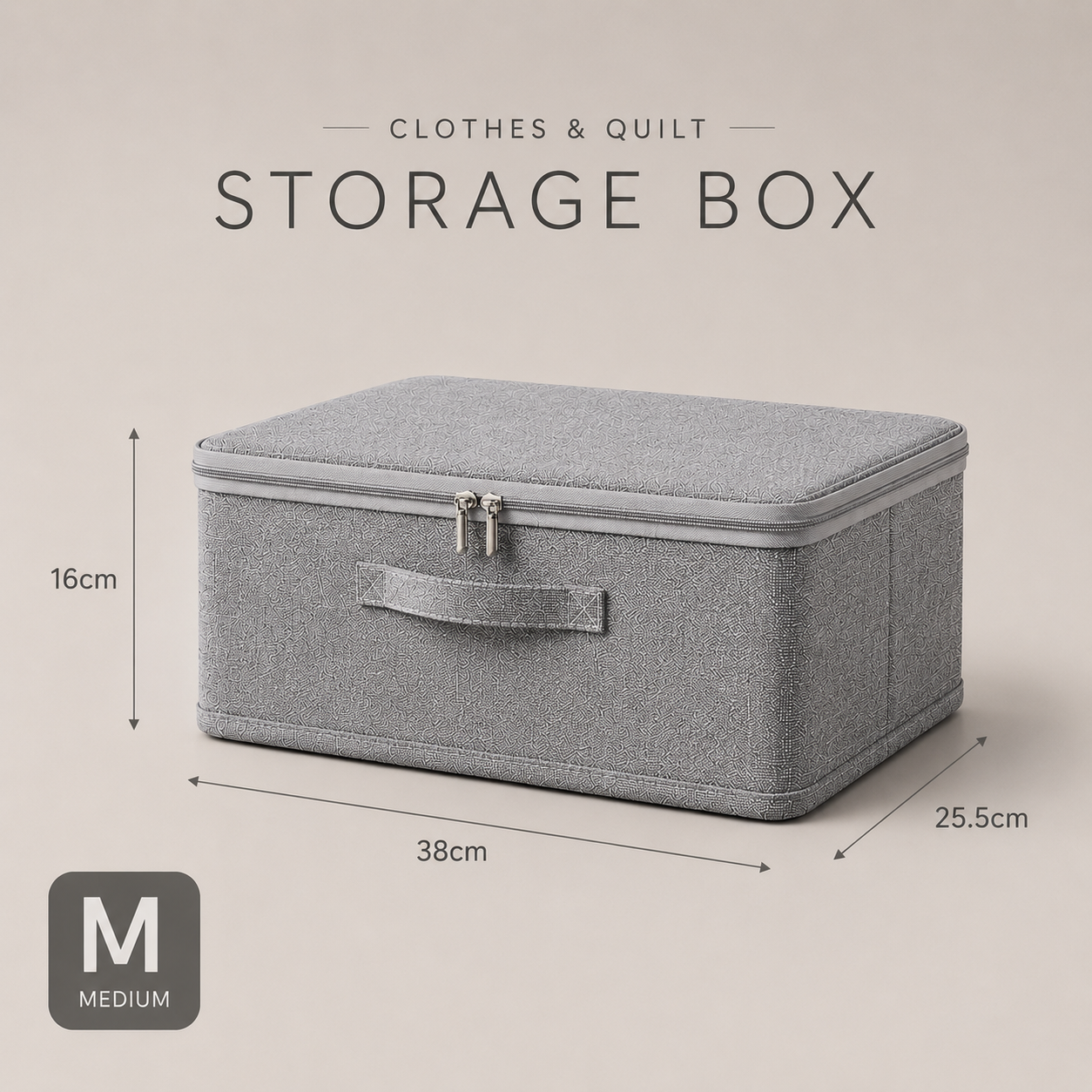 Grey foldable storage box with fabric lid and clasp, medium size 38×25.5×16 cm