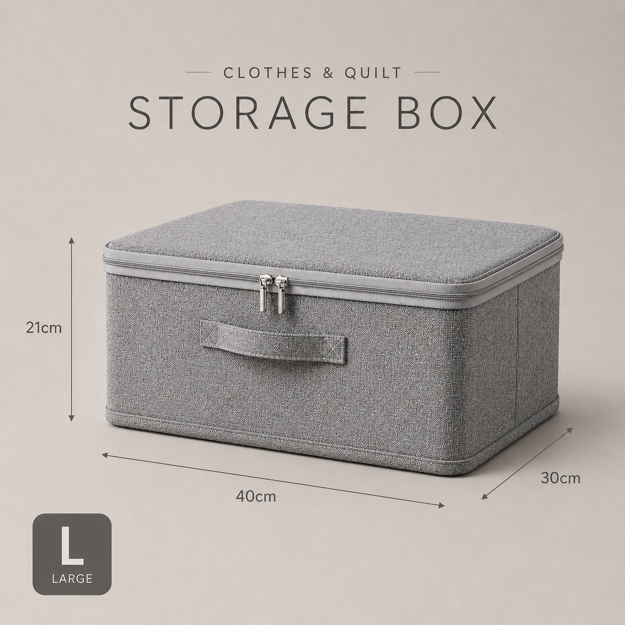 Grey foldable storage box with fabric lid and clasp, large size 40×30×21 cm