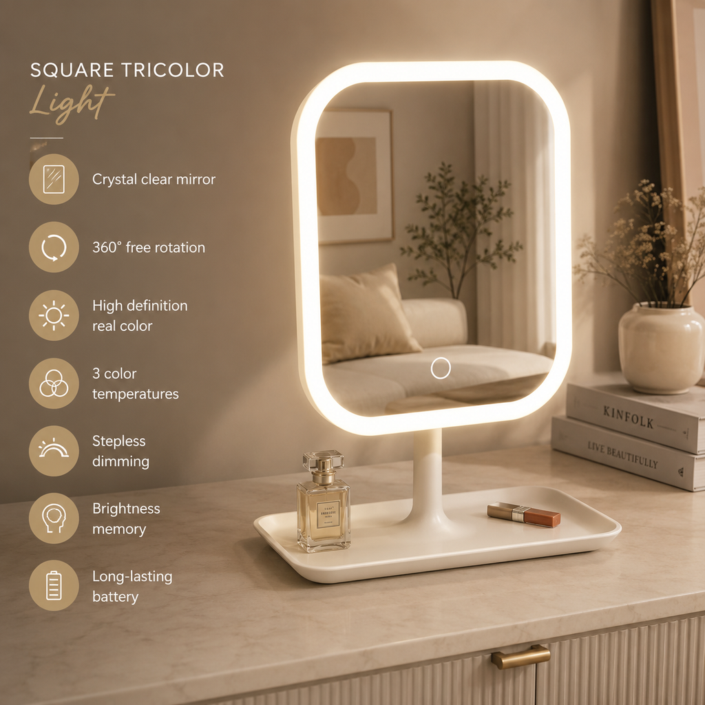 White square LED vanity mirror with glowing border and pedestal base
