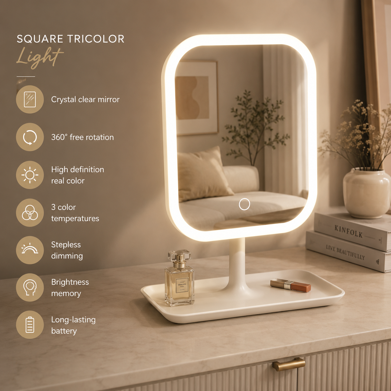 White square LED vanity mirror with glowing border and pedestal base