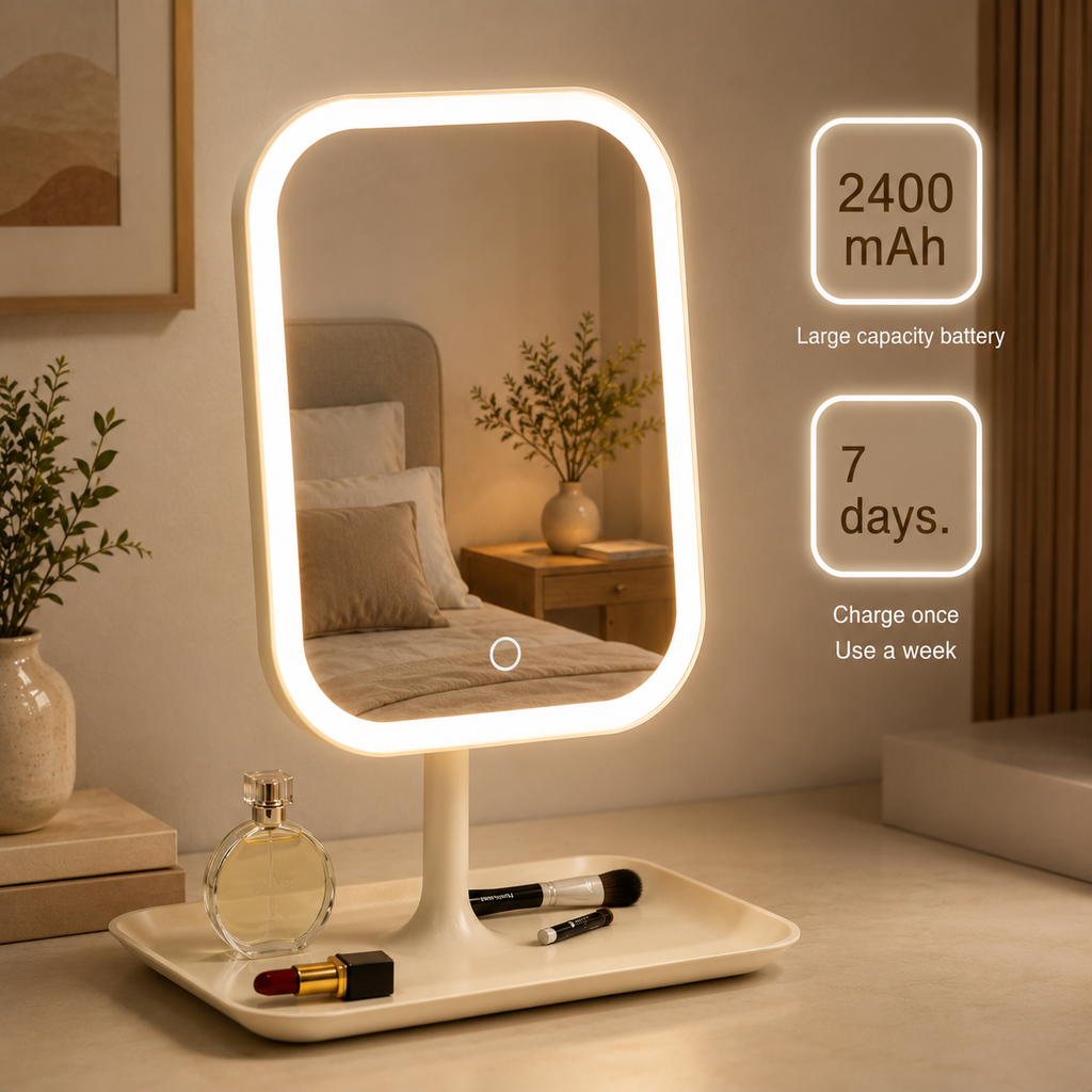 White LED light square tabletop mirror with wide pedestal base