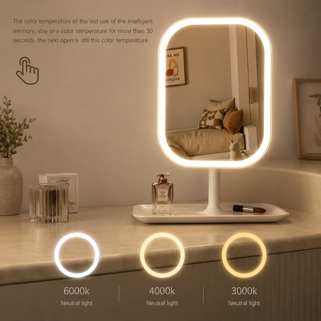 White LED square vanity mirror showing three lighting tone options