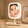 White LED lighted square vanity mirror on a pedestal stand