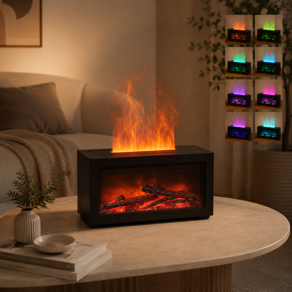 Black aroma diffuser with faux flame window, resting on a tabletop