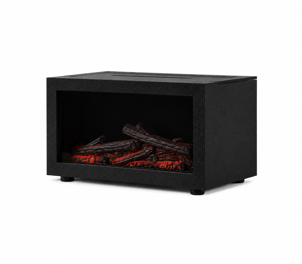 Black aroma diffuser with faux flame window, front view on short legs