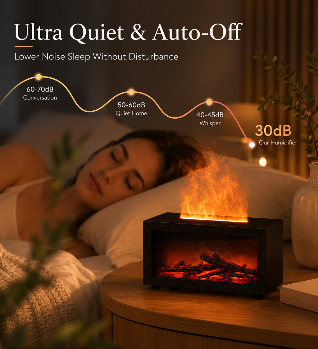 Black aroma diffuser with faux flame effect, centered front window view