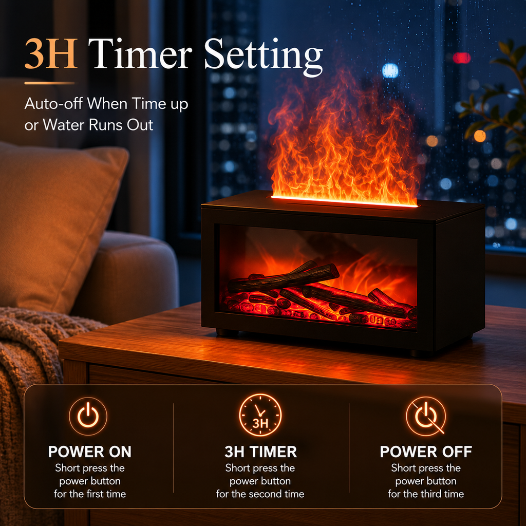 Black aroma diffuser with glowing faux flame window and bottom control buttons