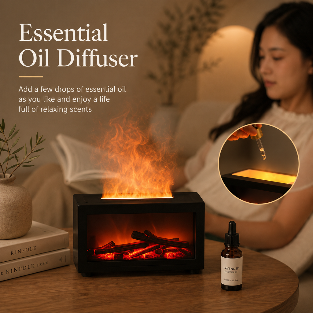 Black aroma diffuser with faux flame window and essential oil bottle on table