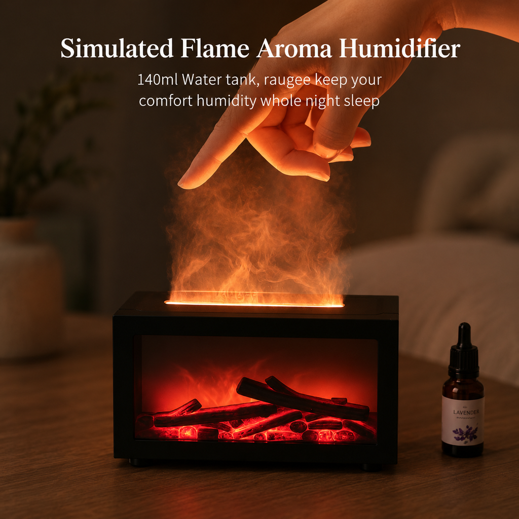 Black aroma diffuser with faux flame effect and rising mist from top surface