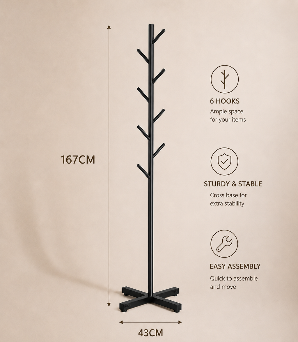 Black clothes rack with 167cm height and 43cm base, 6 hooks