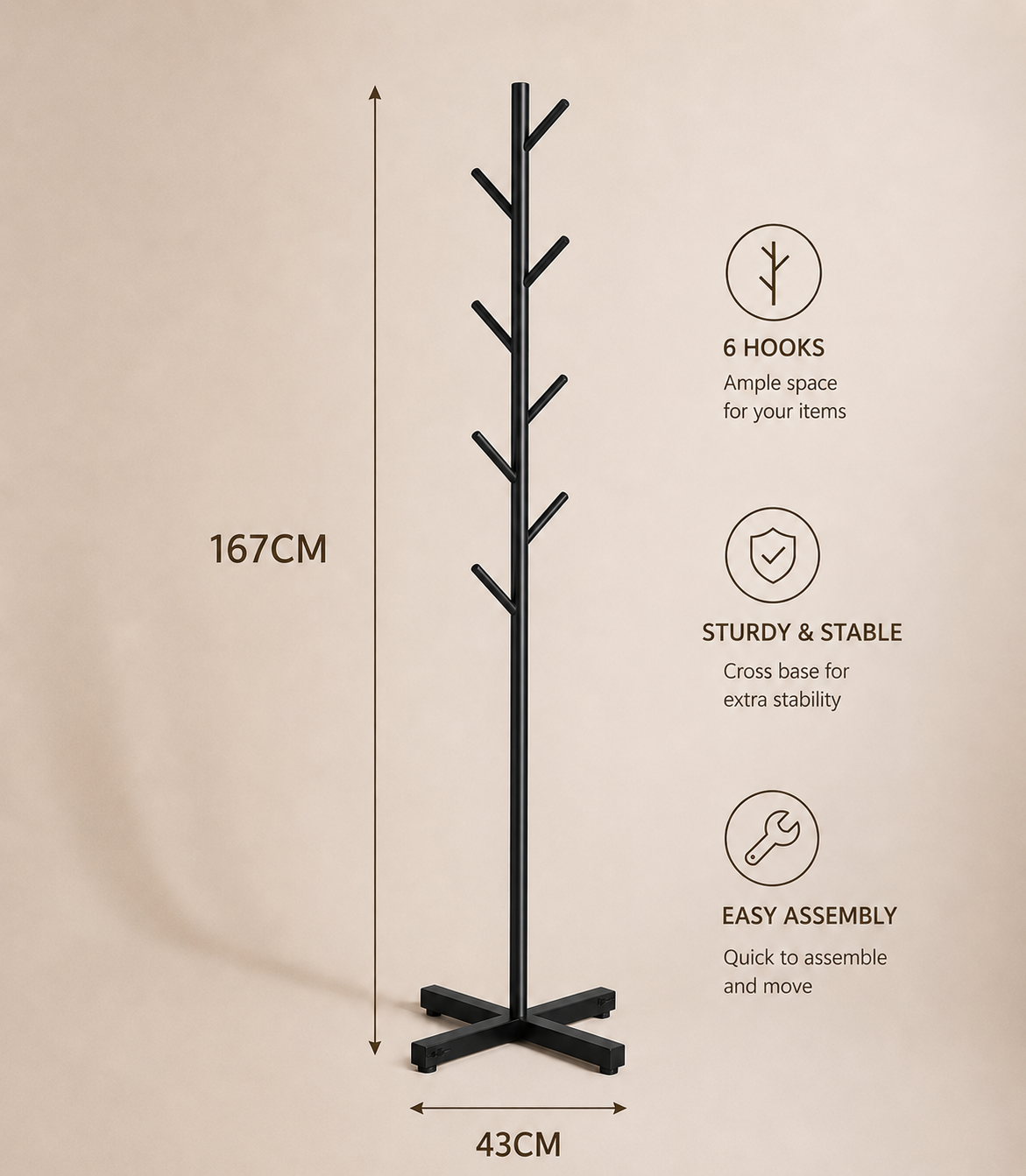 Black clothes rack with 167cm height and 43cm base, 6 hooks