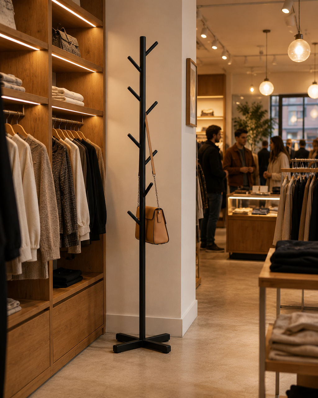 Black clothing rack with 6 hooks and flat base, hanging a small handbag