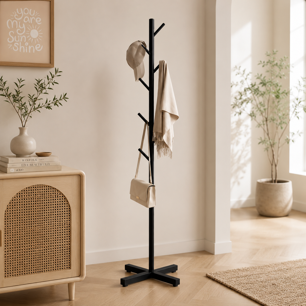 Black clothing rack with multiple hooks holding a folded coat and bag