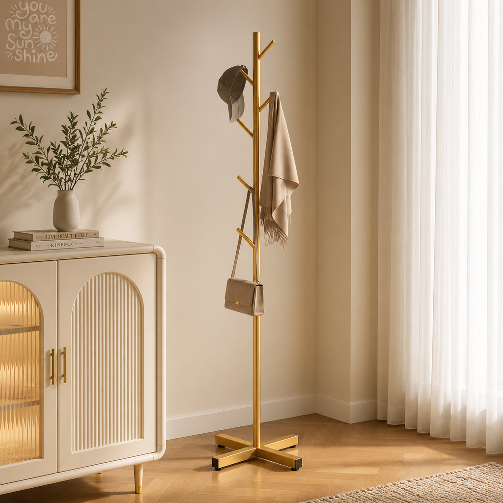 Gold clothing rack with 6 hooks and flat base, holding a folded coat and bag