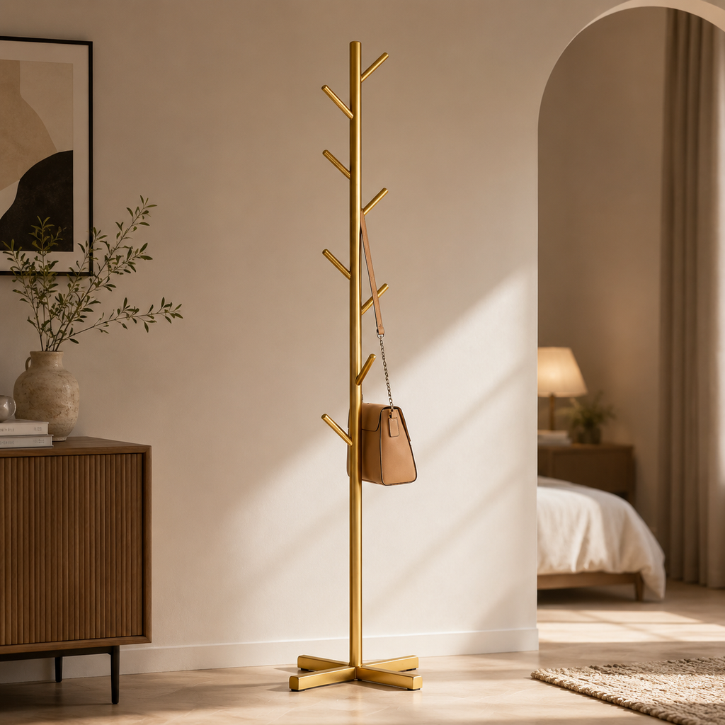 Gold clothing rack with 6 hooks and flat base, holding a small handbag
