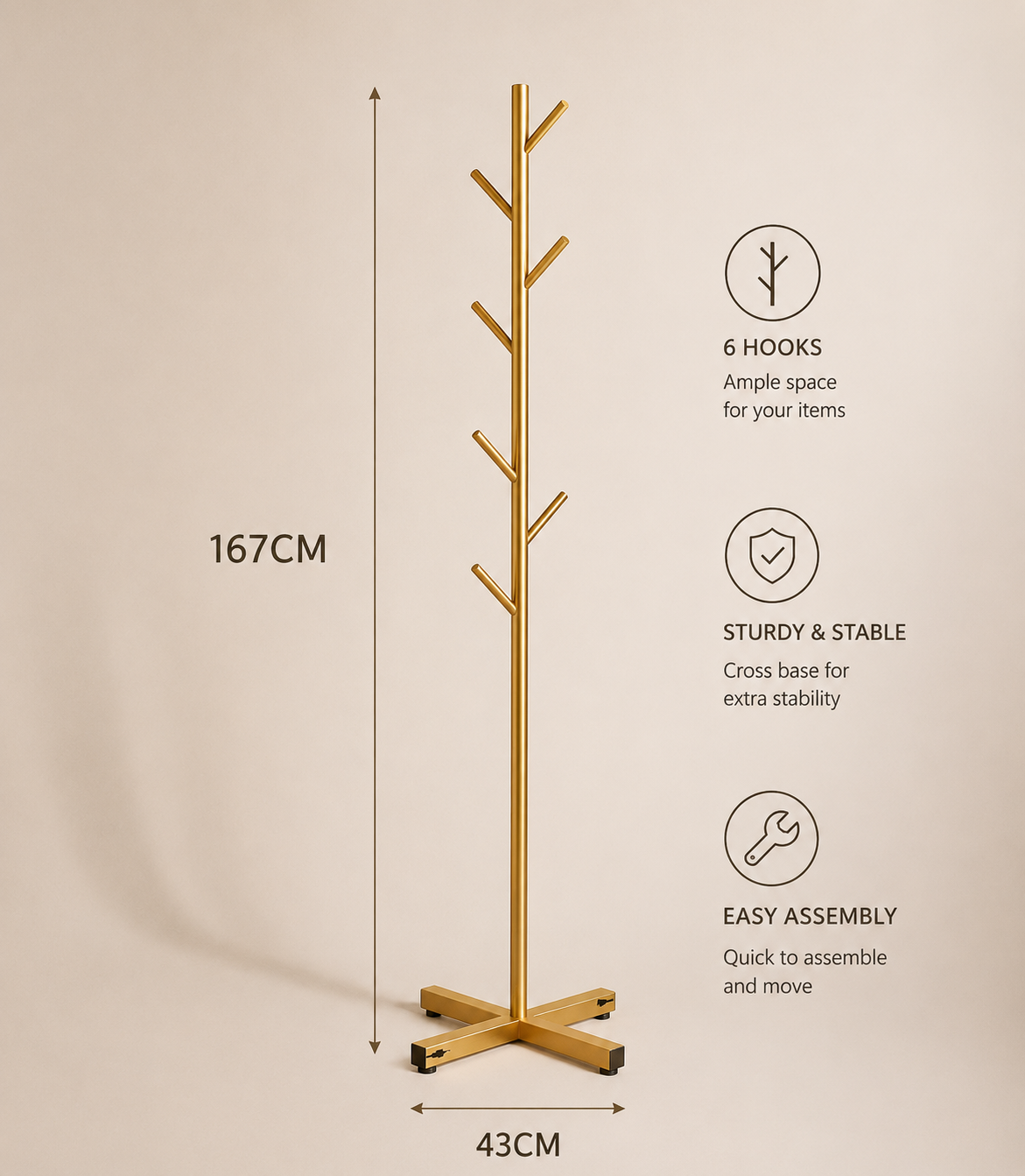 Gold clothes rack with 167cm height and 43cm base, 6 hooks