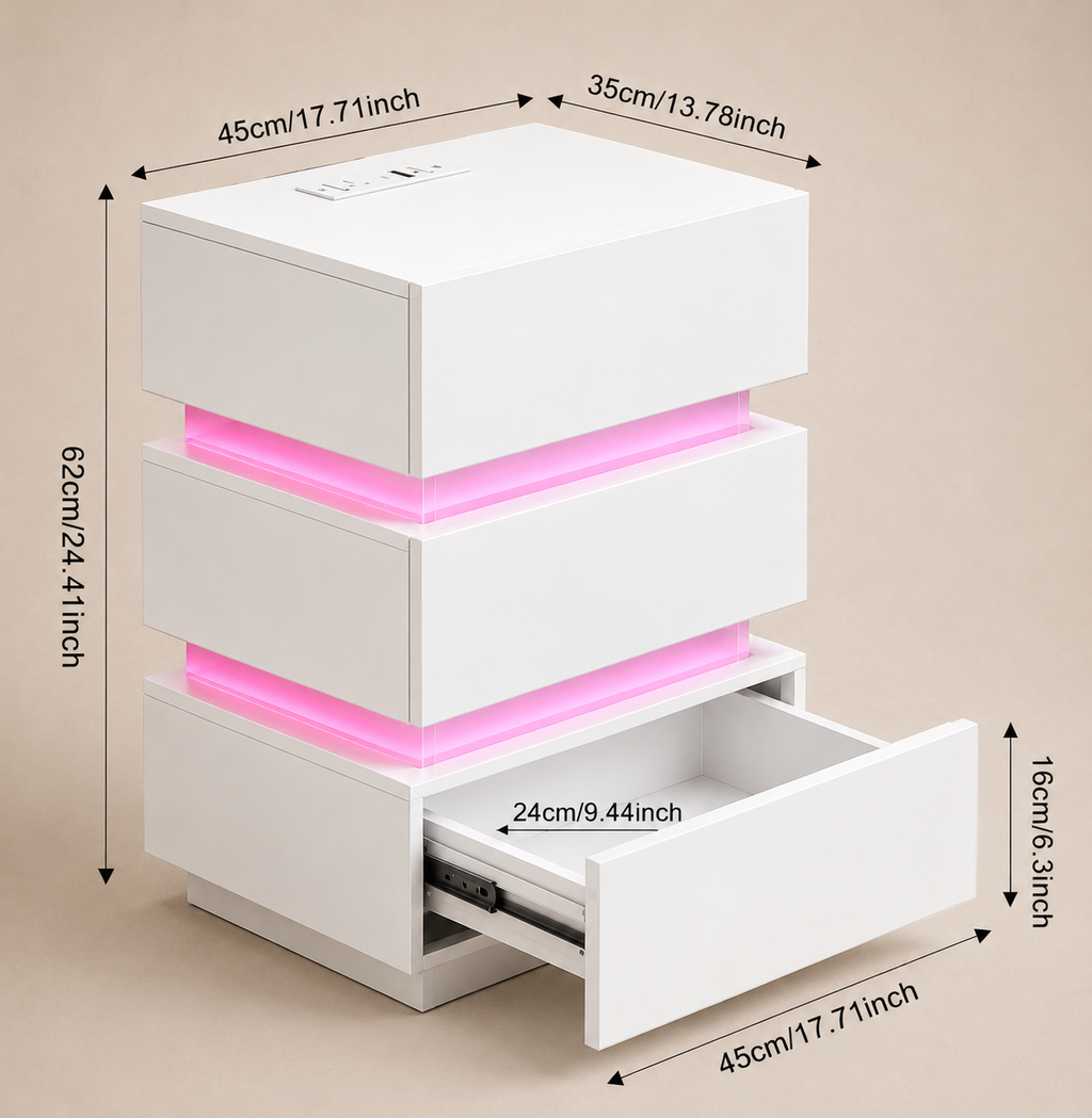 White LED bedside table with pink light strips and pull-out drawer