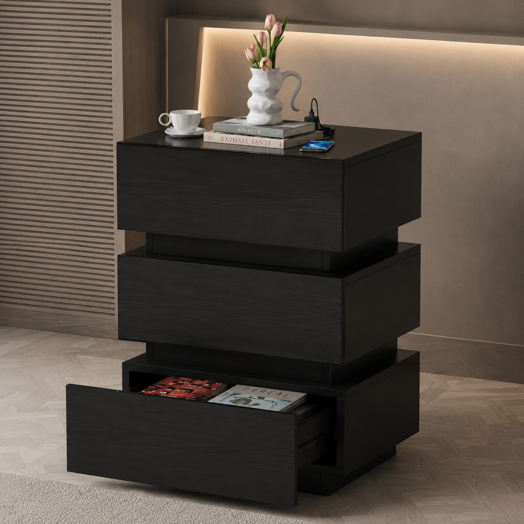 Black LED bedside table with warm glow light strip under the top