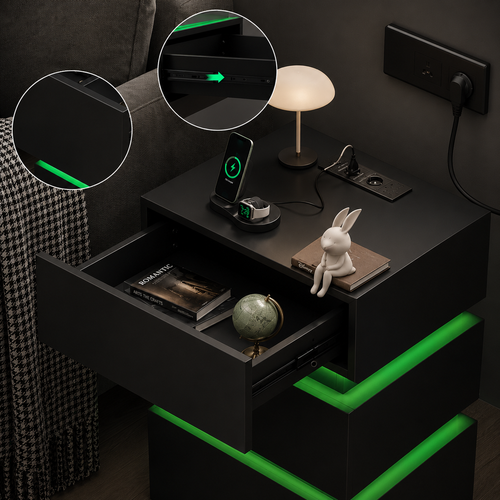 Black LED bedside table with green-lit trim and open drawer storage