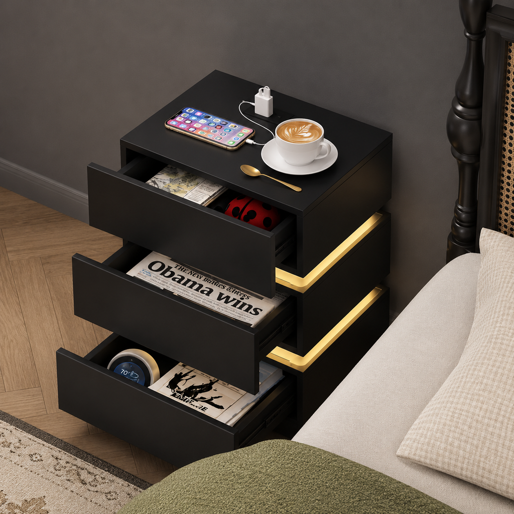Black LED bedside table with warm light strip and open drawer compartments