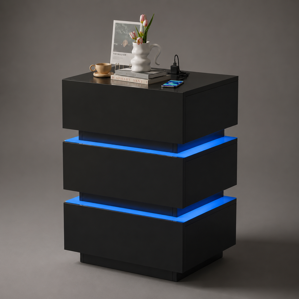 Black LED bedside table with blue-lit shelves and flat top surface