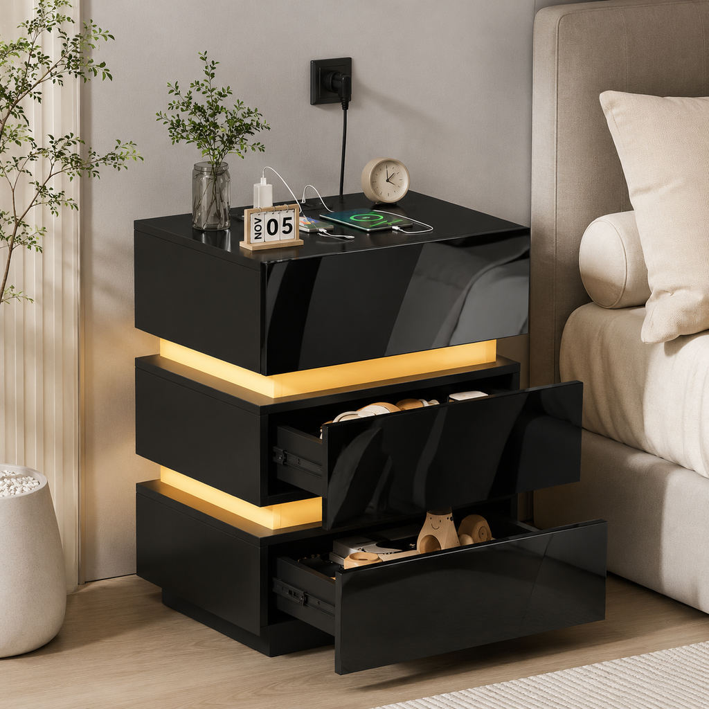 Black LED bedside table with warm light strip and two open storage drawers