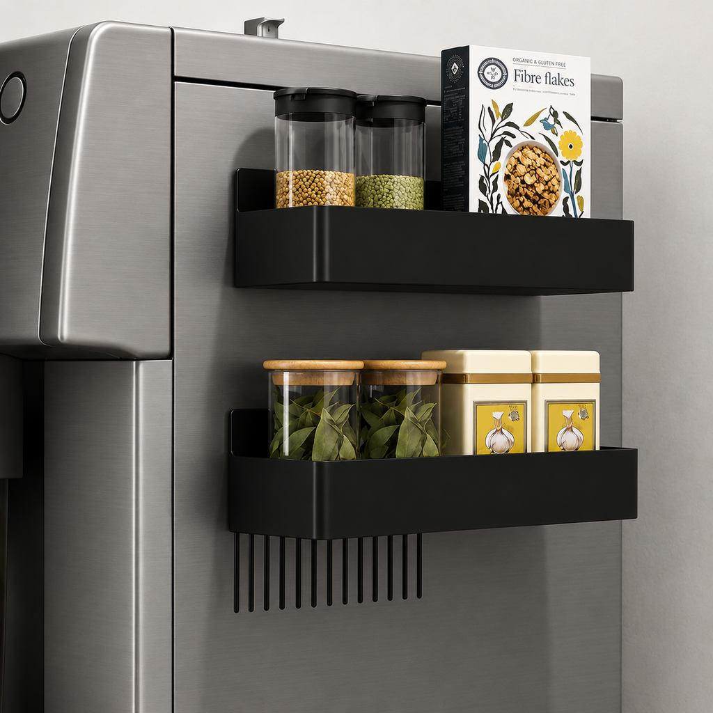 Magnetic kitchen storage rack, black two-tier shelves on fridge with stored jars
