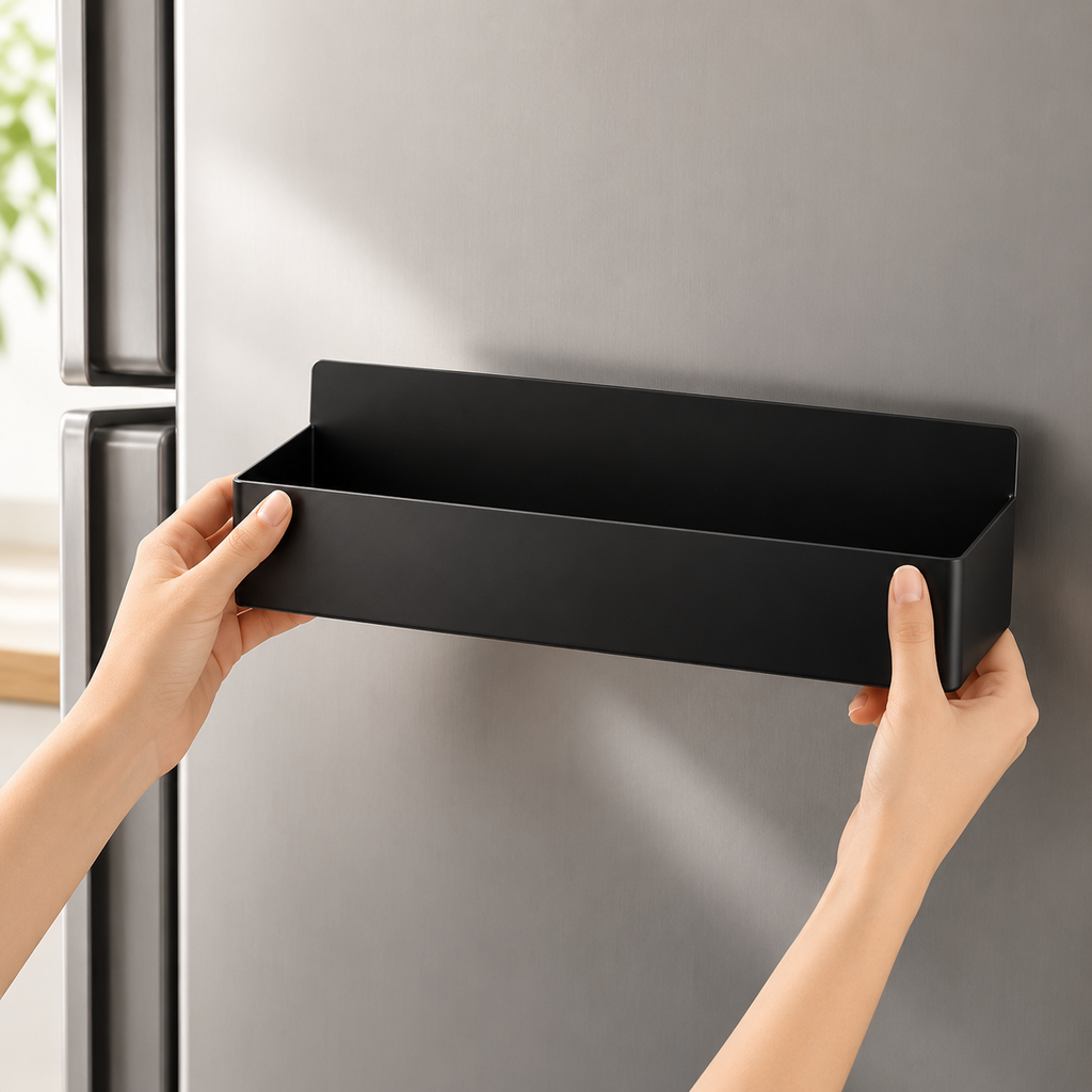 Magnetic kitchen storage rack, black shelf held by hands for mounting on fridge