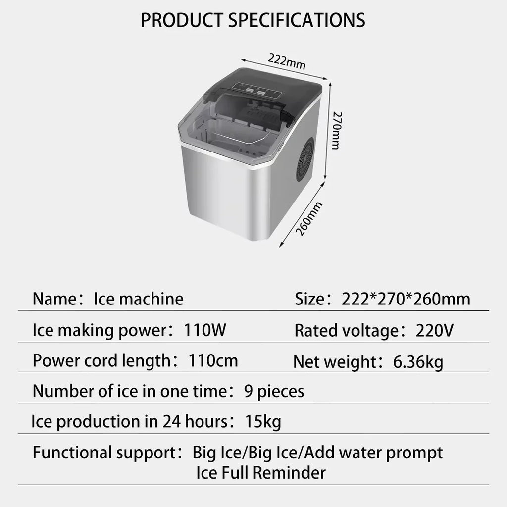 Ice machine size chart with 222×270×260 mm dimensions and 110W power