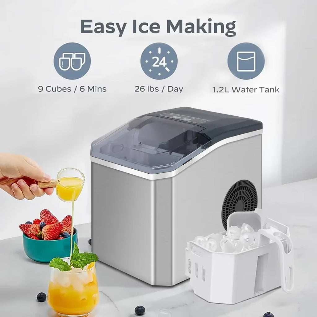 Grey countertop ice maker with open ice basket and display window, making ice