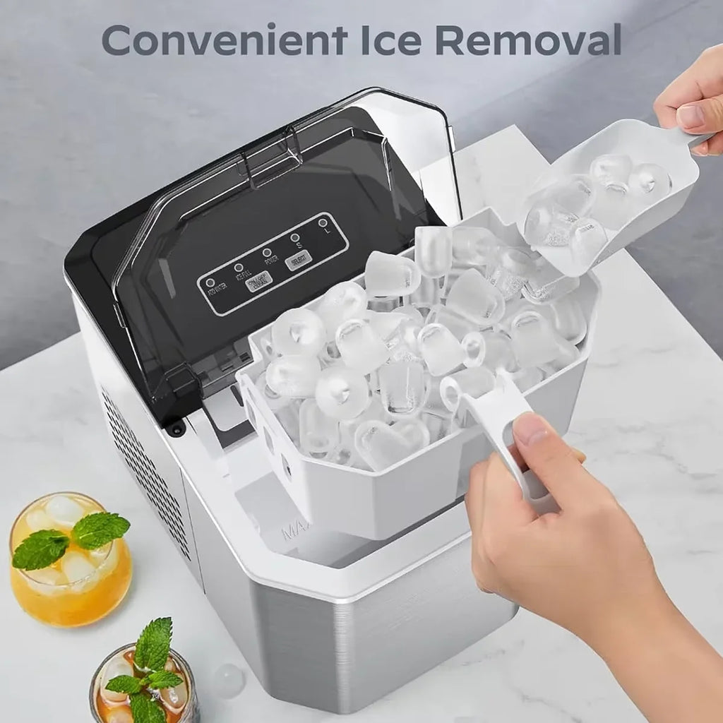 Grey ice maker with open top and removable ice tray, showing clear cubes