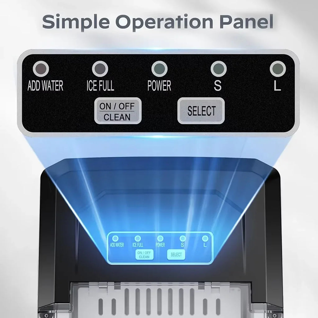 Black control panel on a grey ice maker with add water and ice full buttons