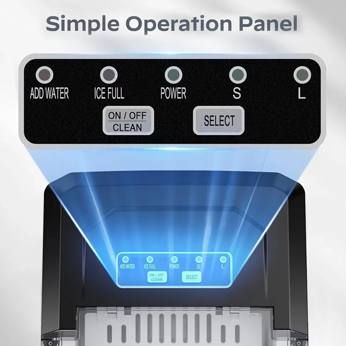 Black control panel on a grey ice maker with add water and ice full buttons