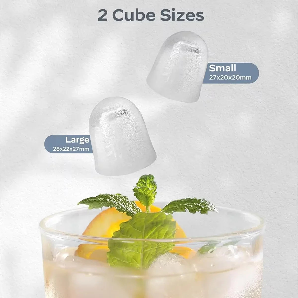 Two ice cube sizes shown above a clear ice-filled bin on a grey ice maker