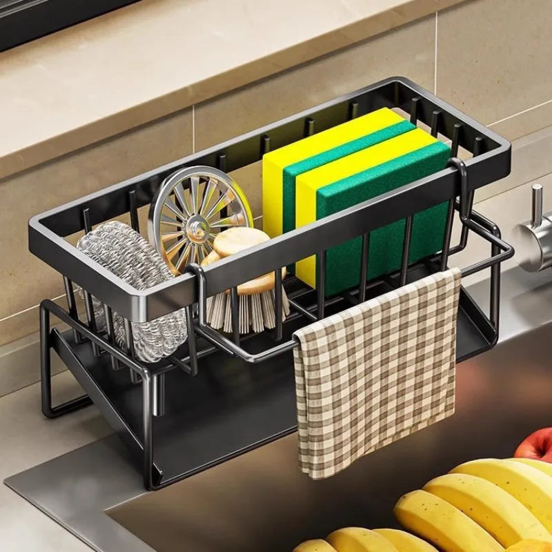 Black sink sponge organizer with mesh rack and utensil holders, for kitchen cleaning tools.