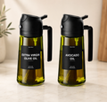 Easy oil sprayer set of two bottles with black caps and olive oil and avocado labels