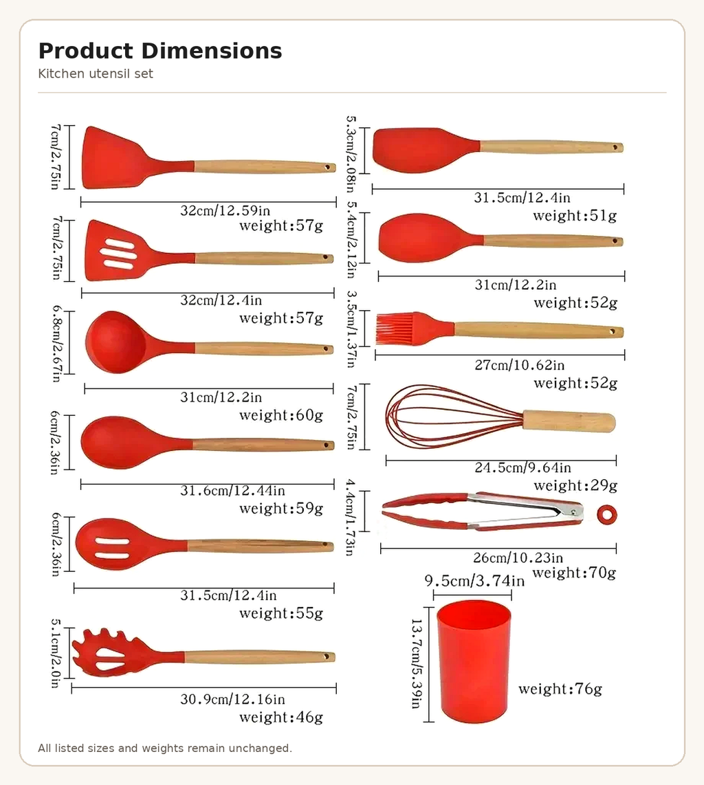 Product dimensions infographic for kitchen utensil set with measurements and weights