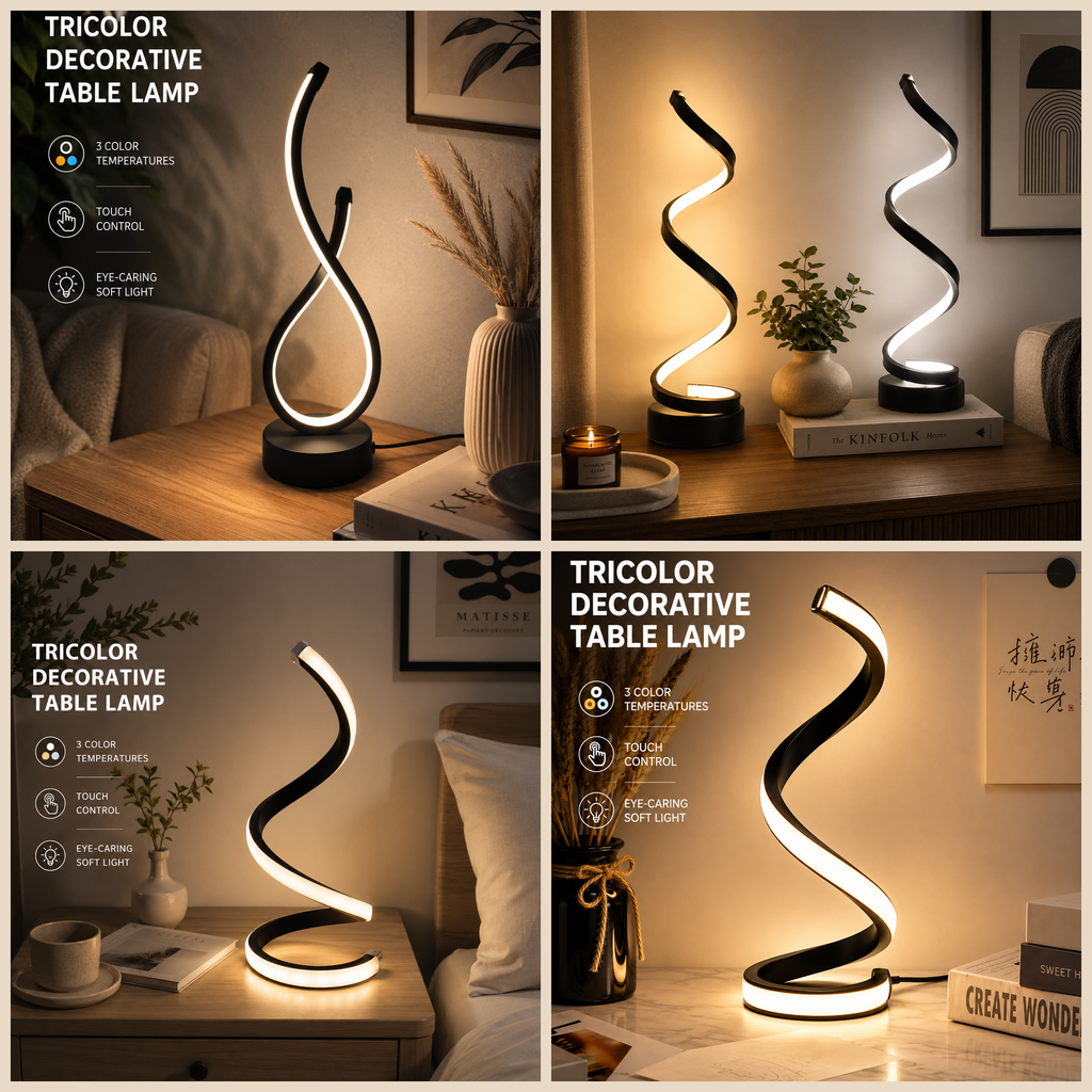 Spiral LED table lamp with wavy light tube on black base, glowing warm white