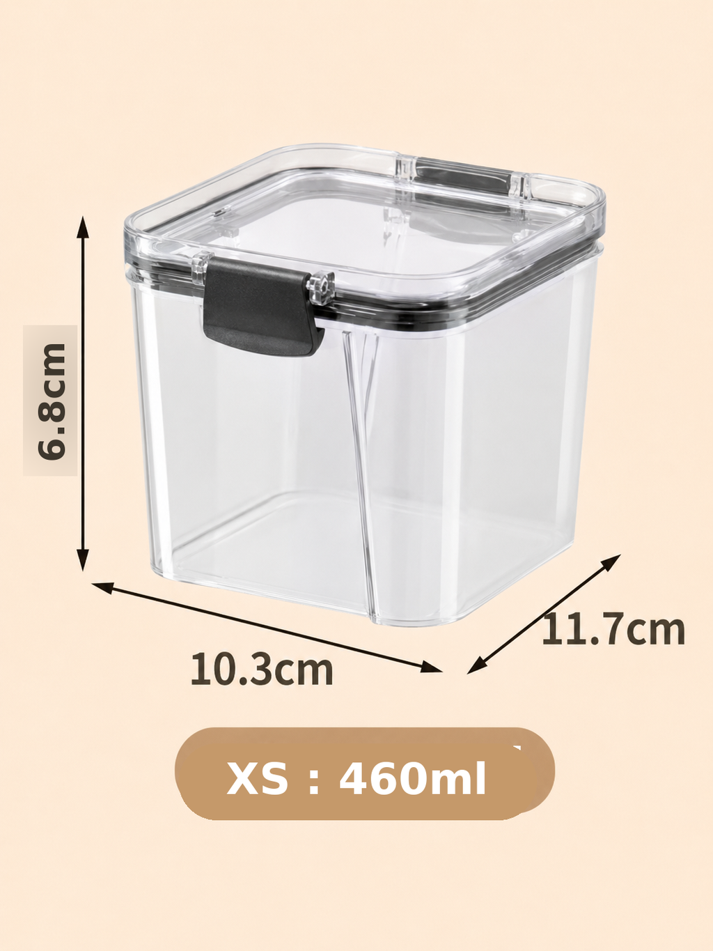 Kitchen storage jar: clear rectangular container with black latch lid, front view