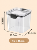 Kitchen storage jar: clear rectangular container with black latch lid, front view